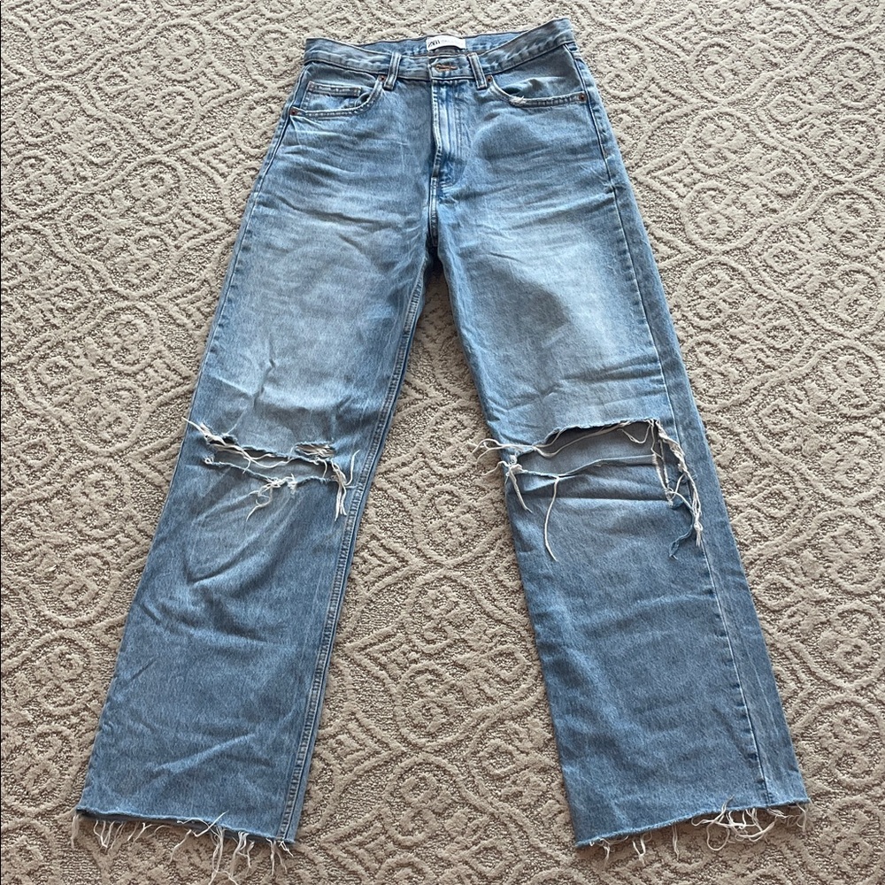 Zara Light Blue Distressed Wide-Leg Jeans